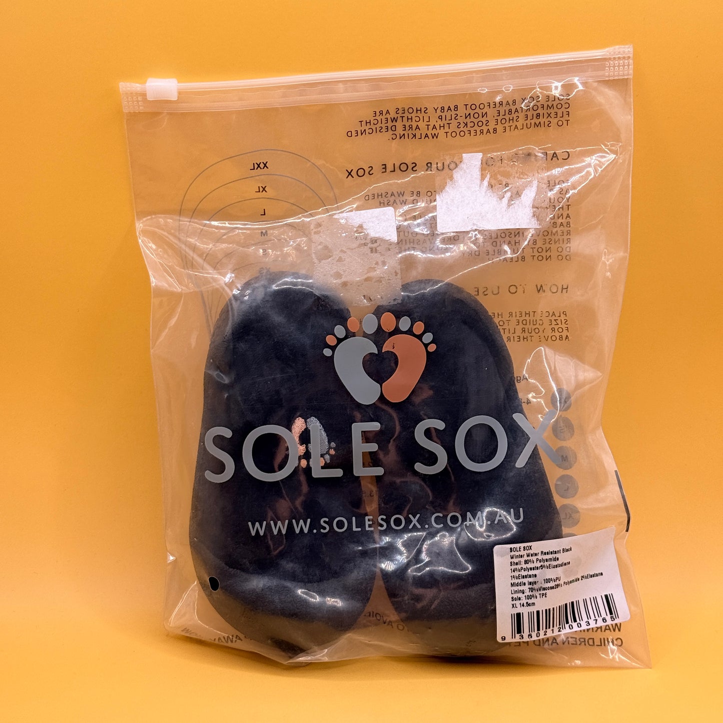 Sole Sox Winter Water Resistant Barefoot Baby Shoes Black XL 14.5cm