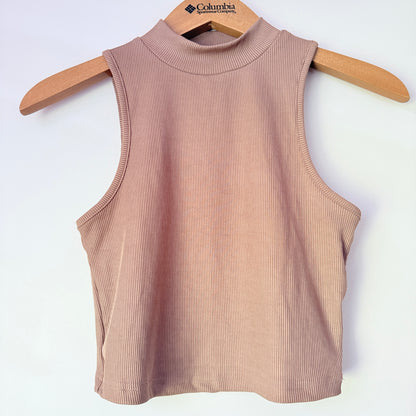Shein Size XS Light Brown Ribbed High-Neck Sleeveless Crop Top