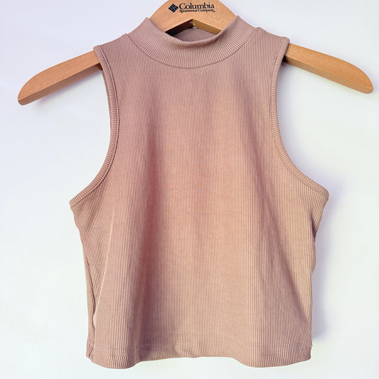 Shein Size XS Light Brown Ribbed High-Neck Sleeveless Crop Top