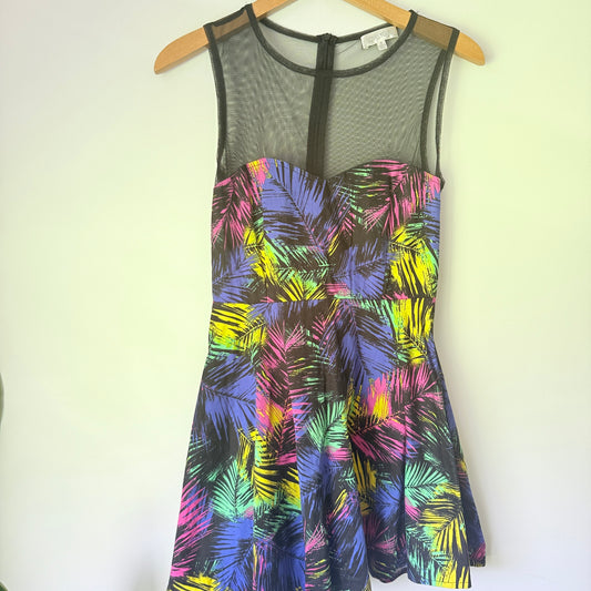 Lovely Girl Size S Black Dress with Tropical Leaf Print Skirt