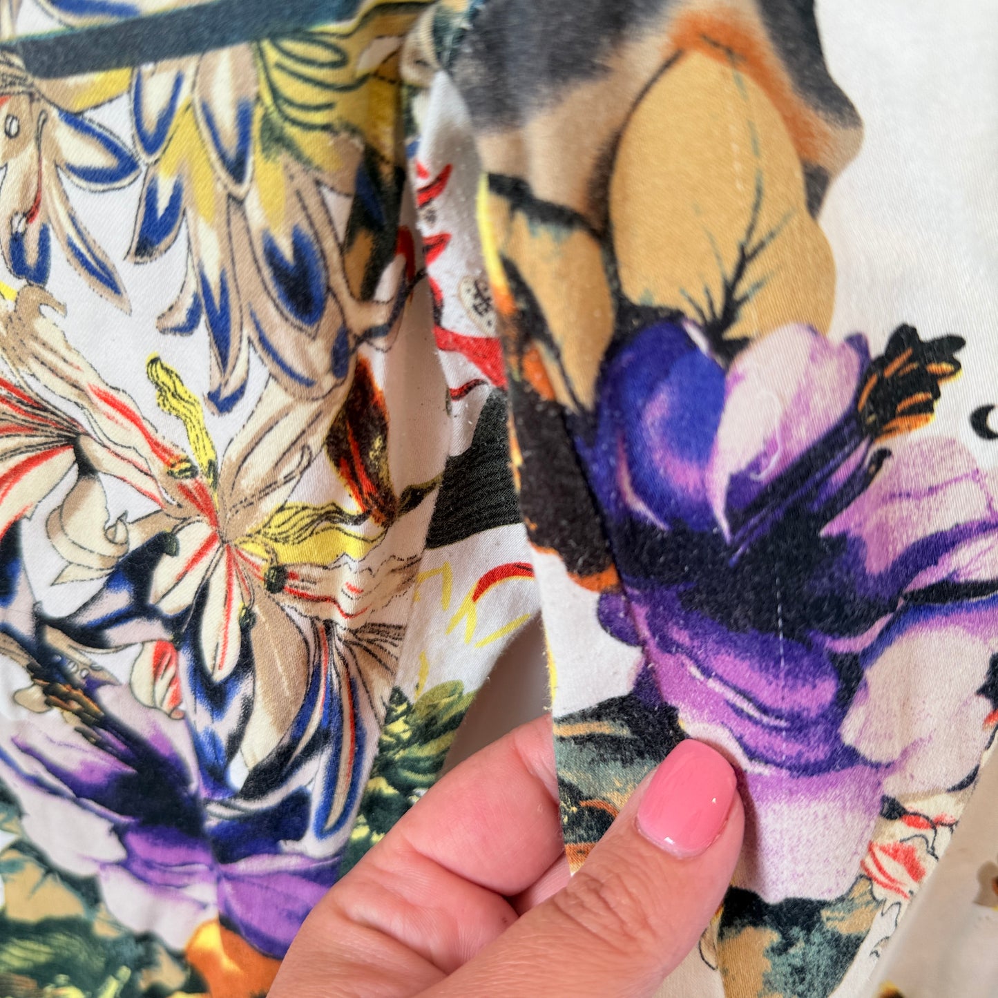 NES Tropical Floral Print Trousers White/Multi - Size L