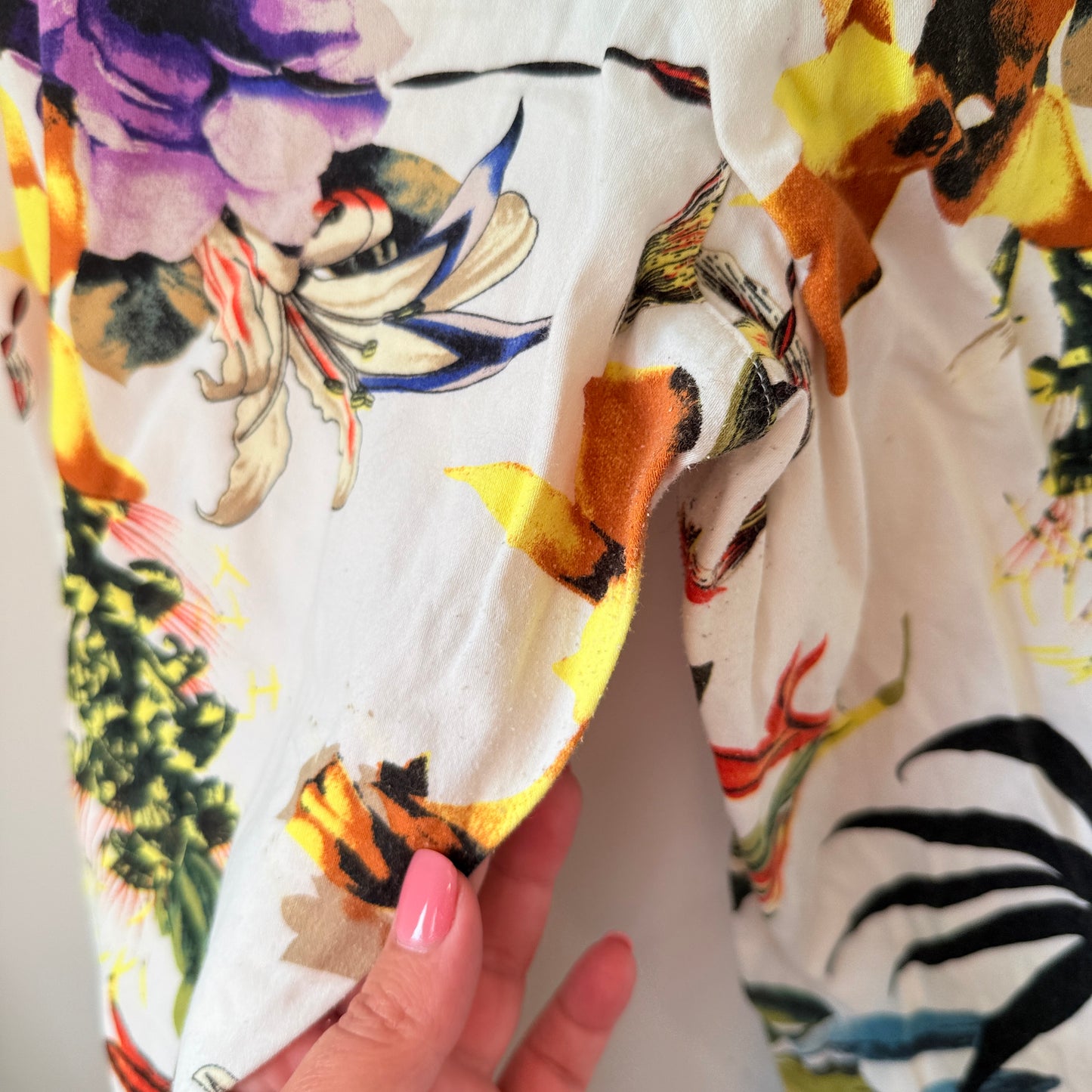 NES Tropical Floral Print Trousers White/Multi - Size L