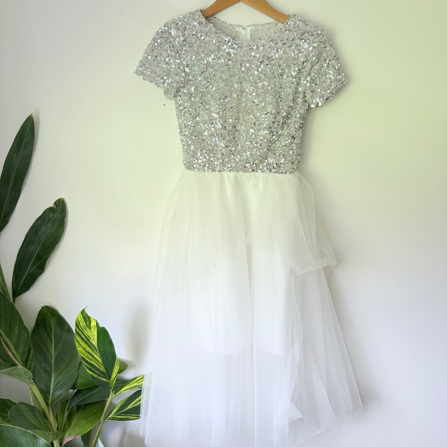 Brand Unknown Size XS Silver Sequin Dress with White Tulle Skirt