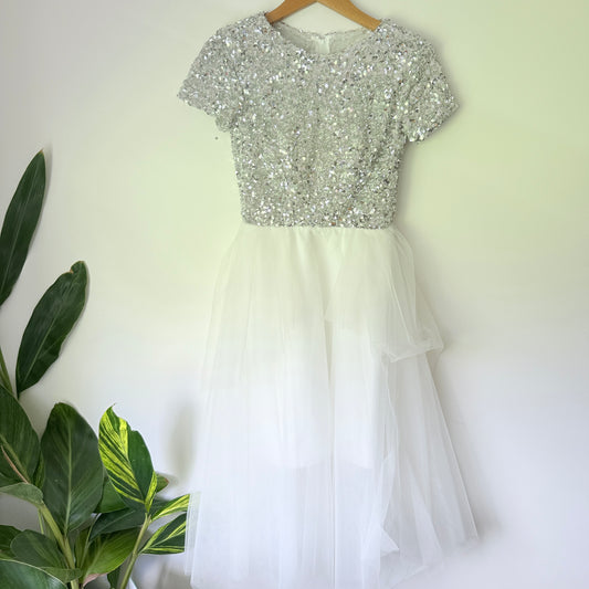 Brand Unknown Size XS Silver Sequin Dress with White Tulle Skirt