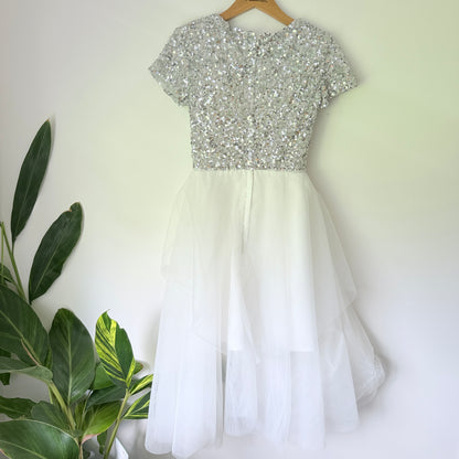 Brand Unknown Size XS Silver Sequin Dress with White Tulle Skirt