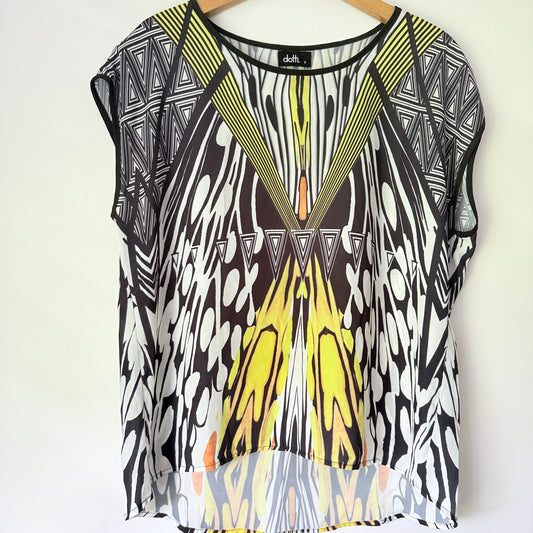 Dotti Size 12 Women's Top Black White Yellow Abstract Pattern