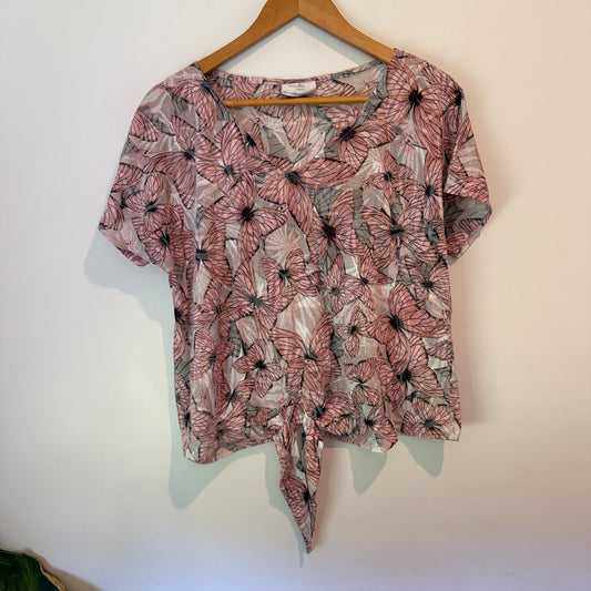 Wallis Size L Pink Floral Print Tie-Front Top