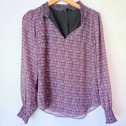 Portmans Size 8 Patterned Sheer V-Neck Long-Sleeve Blouse