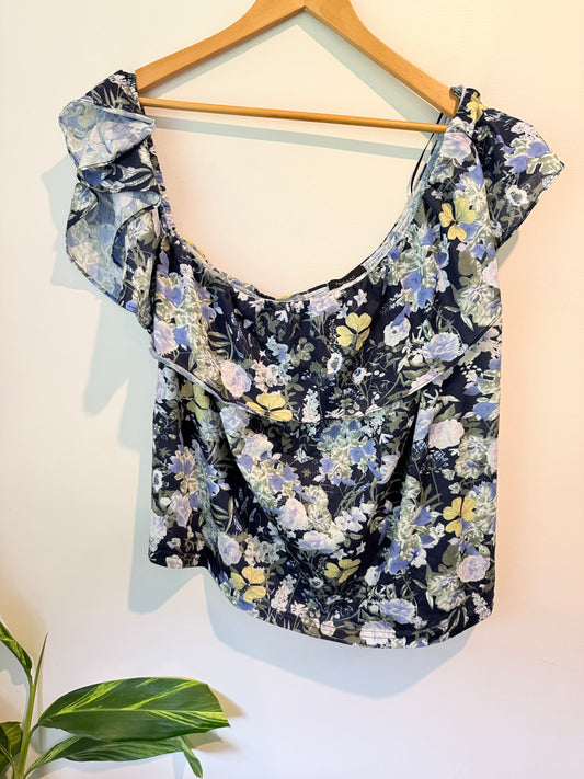 Pagani Floral Ruffle Sleeve Top Navy Multi - Size L