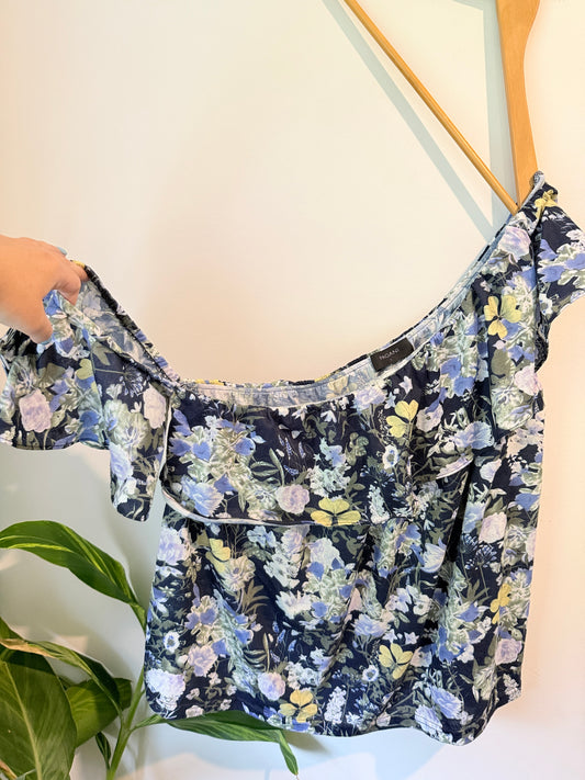 Pagani Floral Ruffle Sleeve Top Navy Multi - Size L