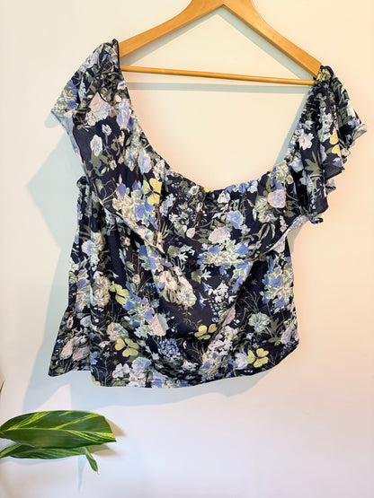 Pagani Floral Ruffle Sleeve Top Navy Multi - Size L