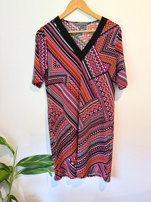 Hartford Geometric Print Stretch Dress Pink Orange Multi - Size 12