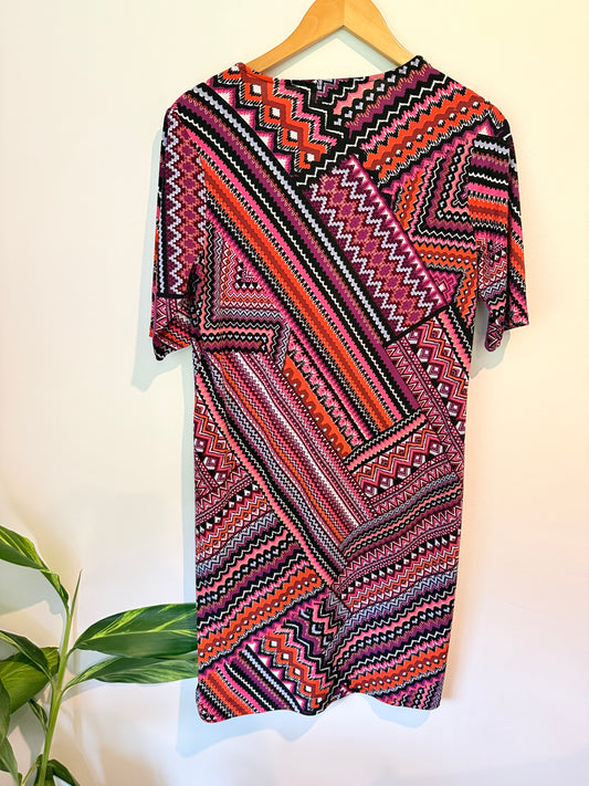 Hartford Geometric Print Stretch Dress Pink Orange Multi - Size 12