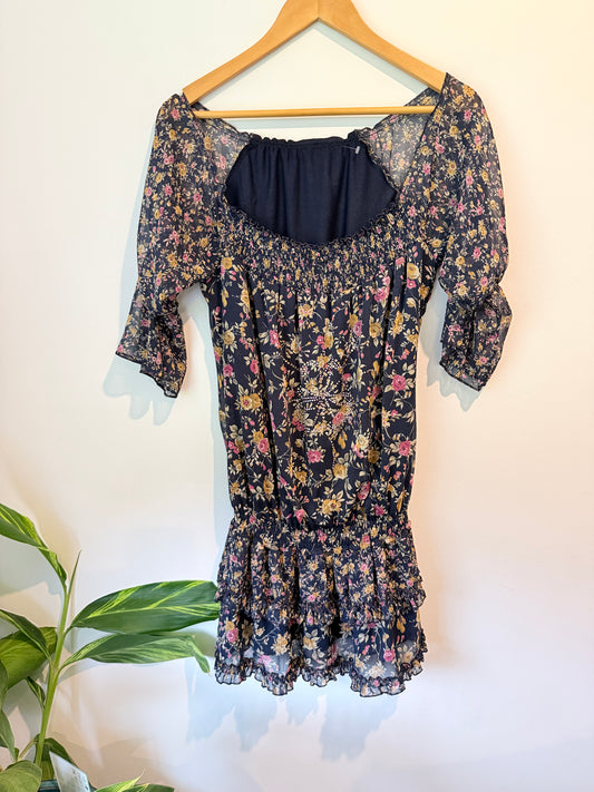 Joymiss Navy Floral Shirred Mini Dress - Size S