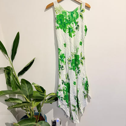 Floral Green Handkerchief Hem Dress - Size Large