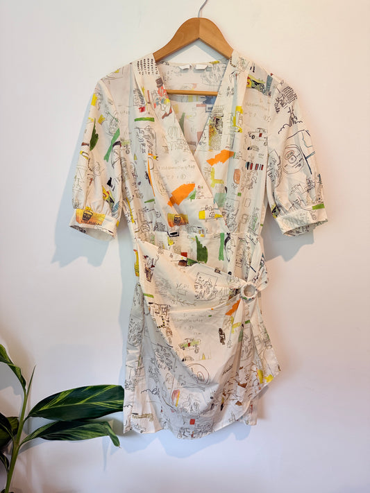 Cut Label Abstract Print Wrap Dress Cream Multi - Size S