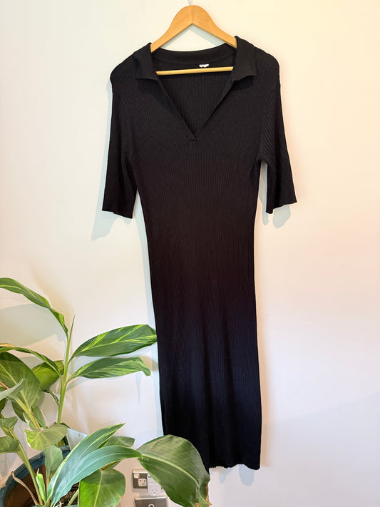 Brand Unknown Ribbed Polo Midi Dress Black - 40cm U/Arm