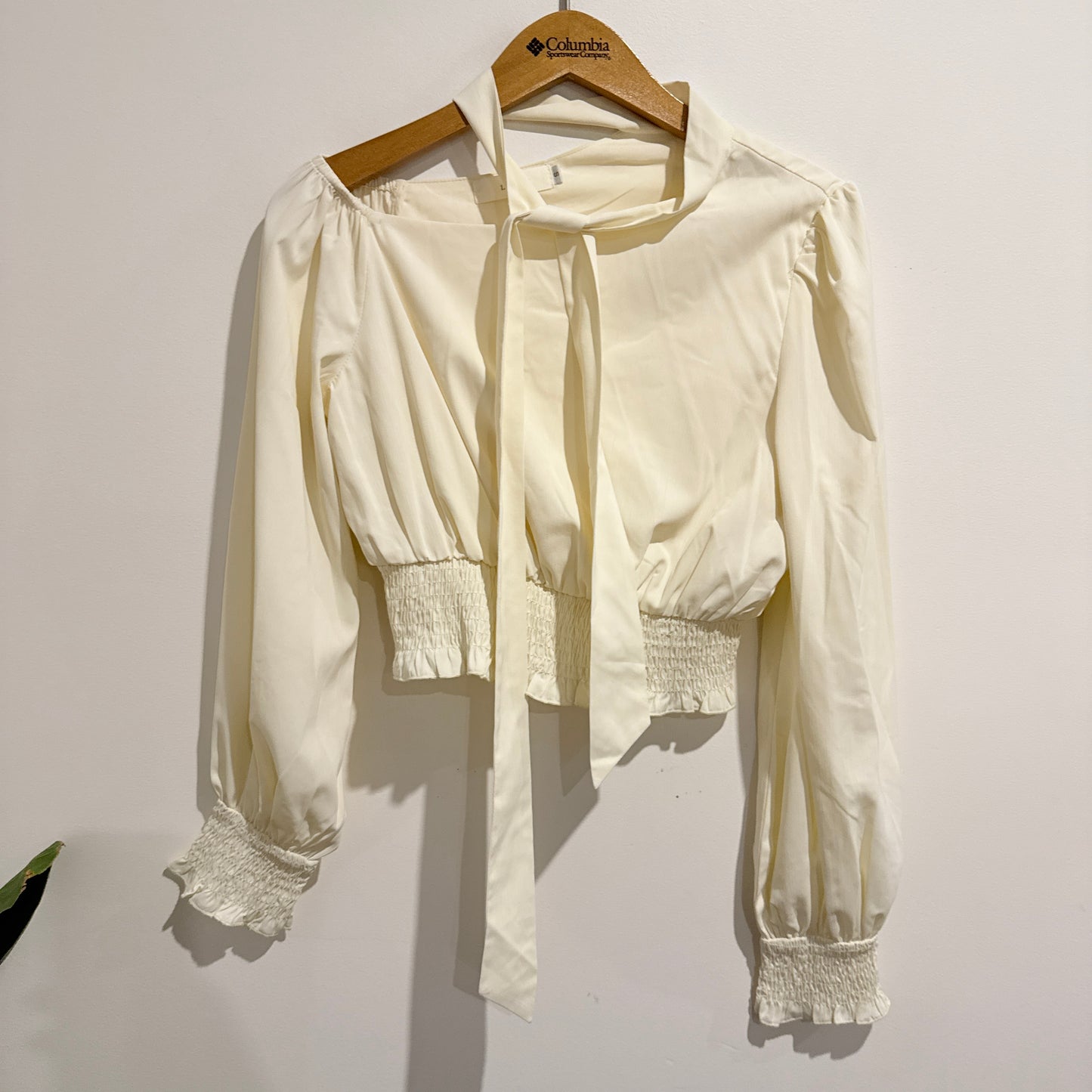 Likely Tie-Neck Smocked Long Sleeve Blouse Cream - Size S