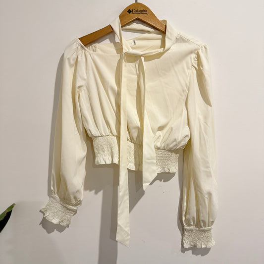 Likely Tie-Neck Smocked Long Sleeve Blouse Cream - Size S