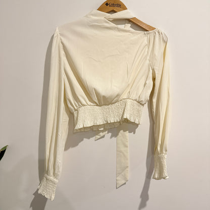 Likely Tie-Neck Smocked Long Sleeve Blouse Cream - Size S