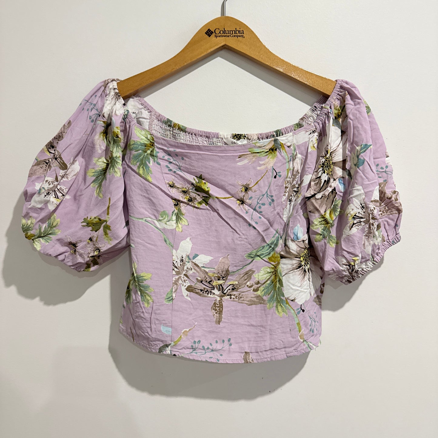 Pagani Floral Puff Sleeve Linen Blend Top Purple - Size 12