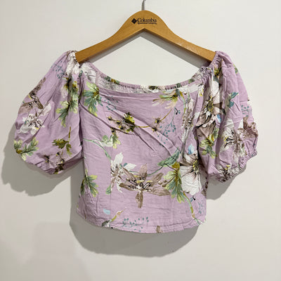 Pagani Floral Puff Sleeve Linen Blend Top Purple - Size 12