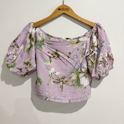Pagani Floral Puff Sleeve Linen Blend Top Purple - Size 12