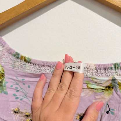 Pagani Floral Puff Sleeve Linen Blend Top Purple - Size 12