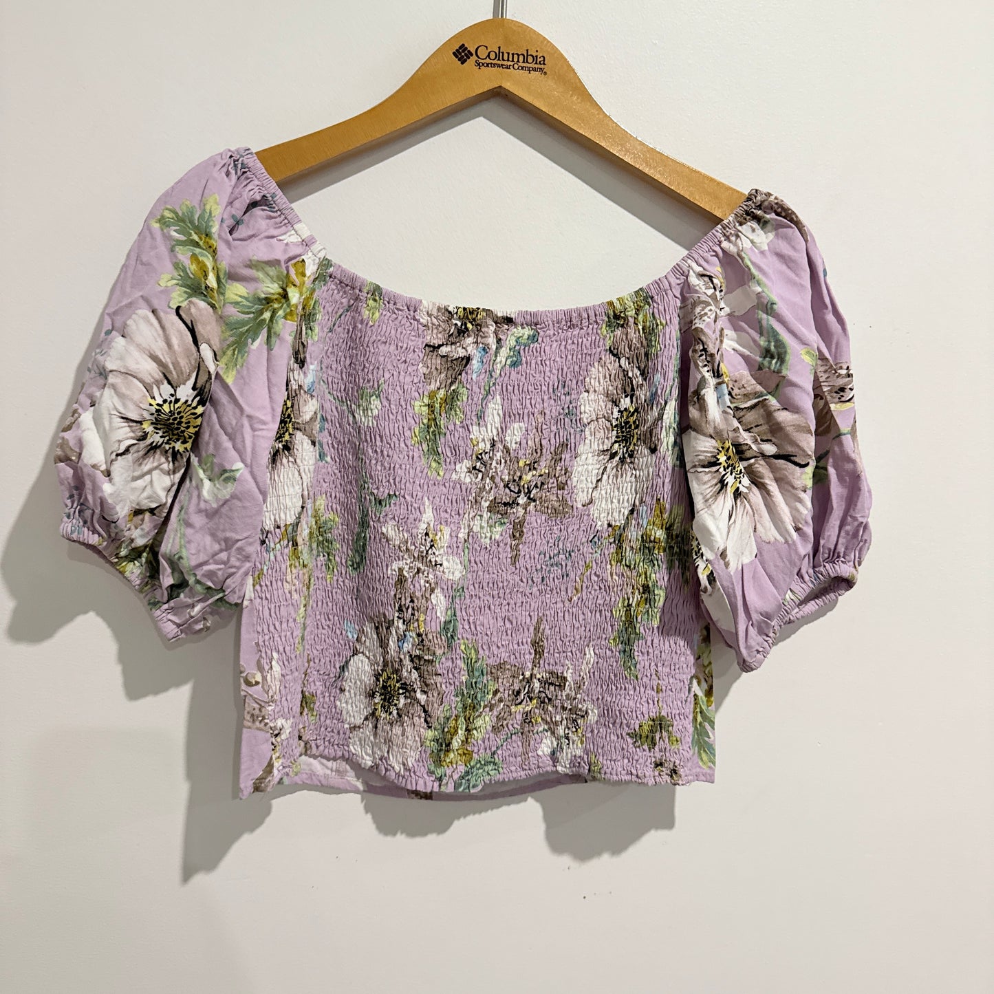 Pagani Floral Puff Sleeve Linen Blend Top Purple - Size 12