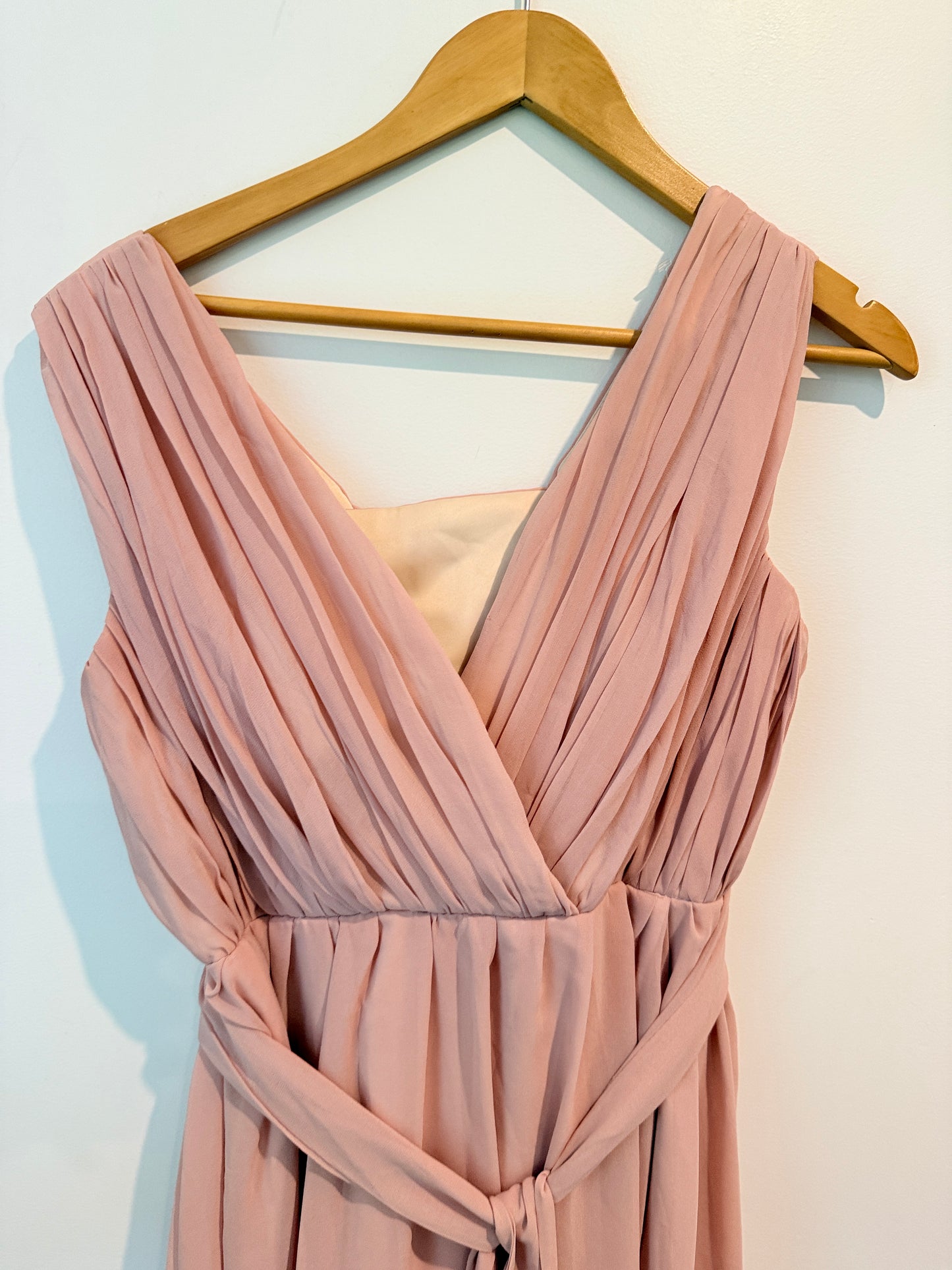Blush Pink Pleated Maxi Dress with Lace-Up Back - Size S - Great Bridesmaids Dress