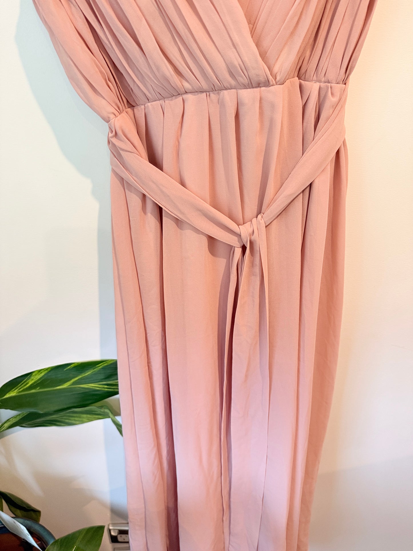 Blush Pink Pleated Maxi Dress with Lace-Up Back - Size S - Great Bridesmaids Dress