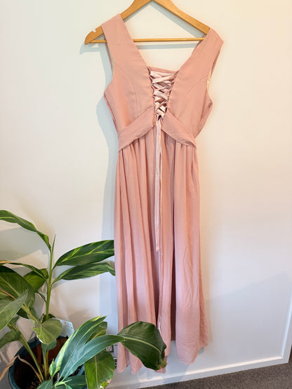 Blush Pink Pleated Maxi Dress with Lace-Up Back - Size S - Great Bridesmaids Dress