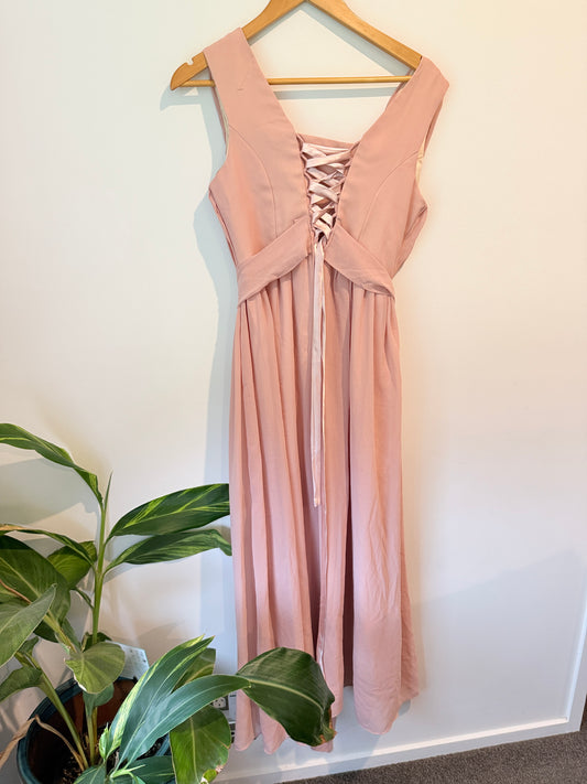 Blush Pink Pleated Maxi Dress with Lace-Up Back - Size S - Great Bridesmaids Dress