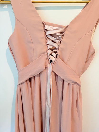 Blush Pink Pleated Maxi Dress with Lace-Up Back - Size S - Great Bridesmaids Dress