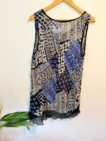 Brand Unknown Abstract Print Sleeveless Top Blue Black - 50cm U/arm