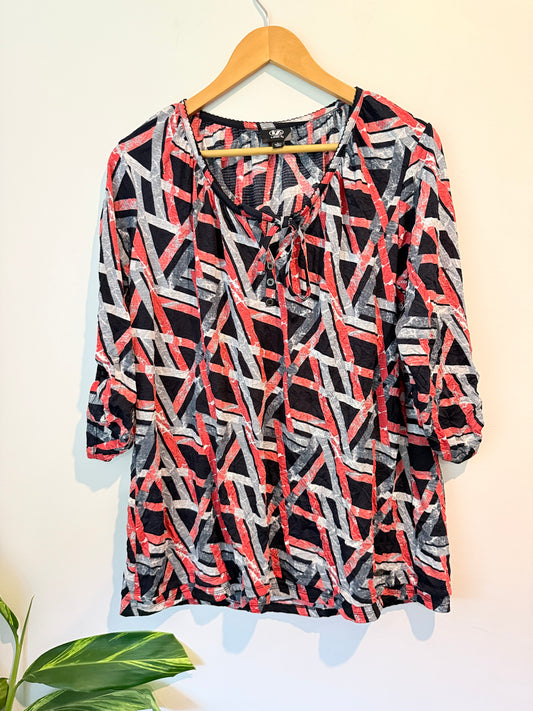 Line 7 Abstract Print Tie Neck Top Black Red Grey - Size L