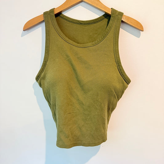 Uniqlo Size L Olive Green Ribbed Cropped Sleeveless Padded Top
