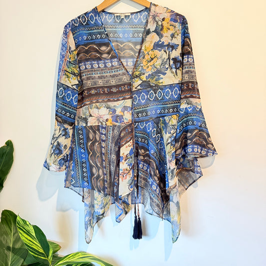 Koton Size 10 Blue & Brown Sheer Floral Geometric Kimono-Style Top