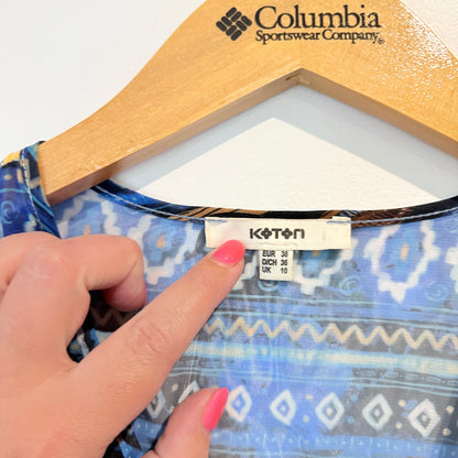 Koton Size 10 Blue & Brown Sheer Floral Geometric Kimono-Style Top