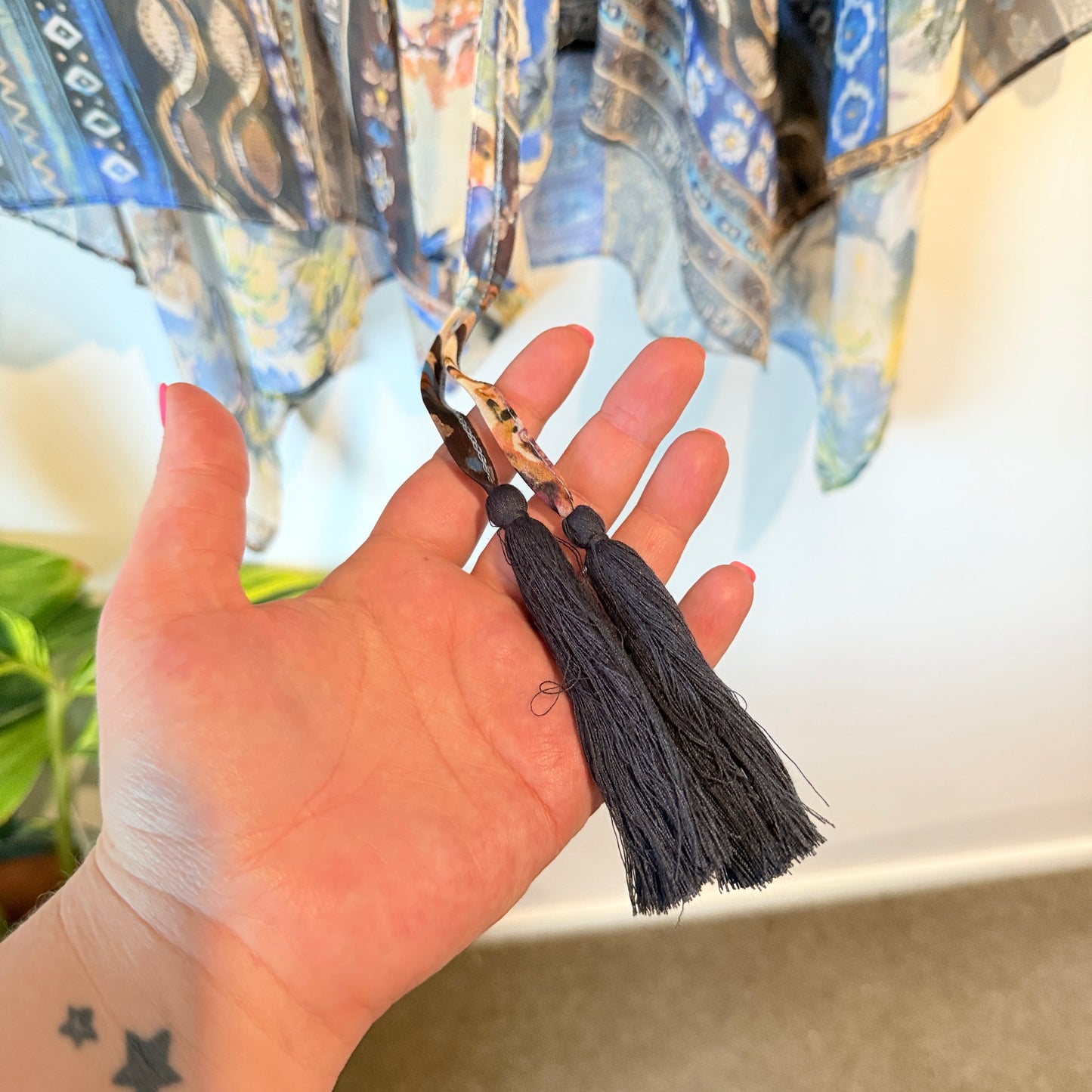 Koton Size 10 Blue & Brown Sheer Floral Geometric Kimono-Style Top