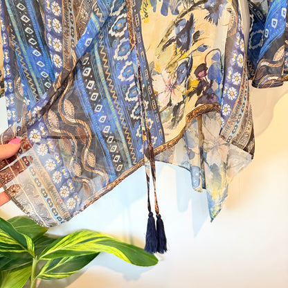 Koton Size 10 Blue & Brown Sheer Floral Geometric Kimono-Style Top
