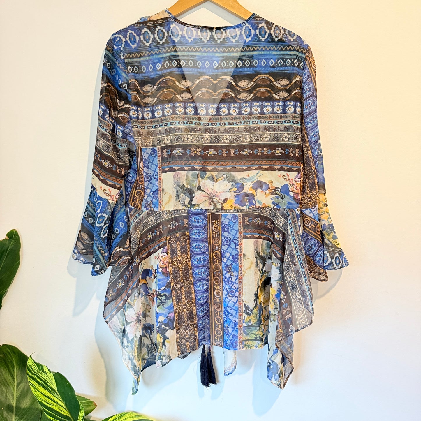 Koton Size 10 Blue & Brown Sheer Floral Geometric Kimono-Style Top