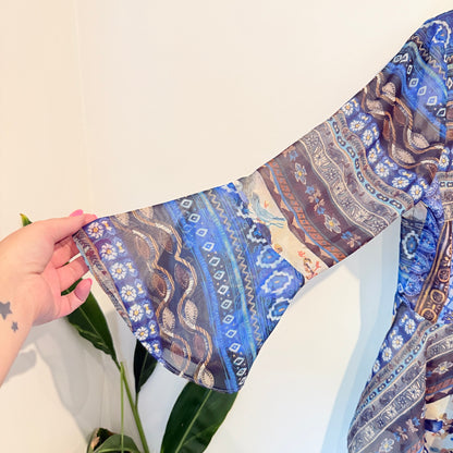 Koton Size 10 Blue & Brown Sheer Floral Geometric Kimono-Style Top