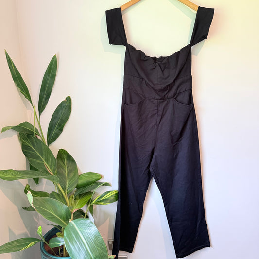 Reformation Size 12 Black Off-Shoulder Wide-Leg Jumpsuit