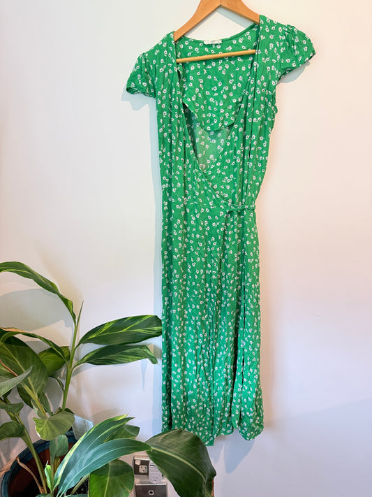 Whistle Floral Wrap Dress Green White - Size 8