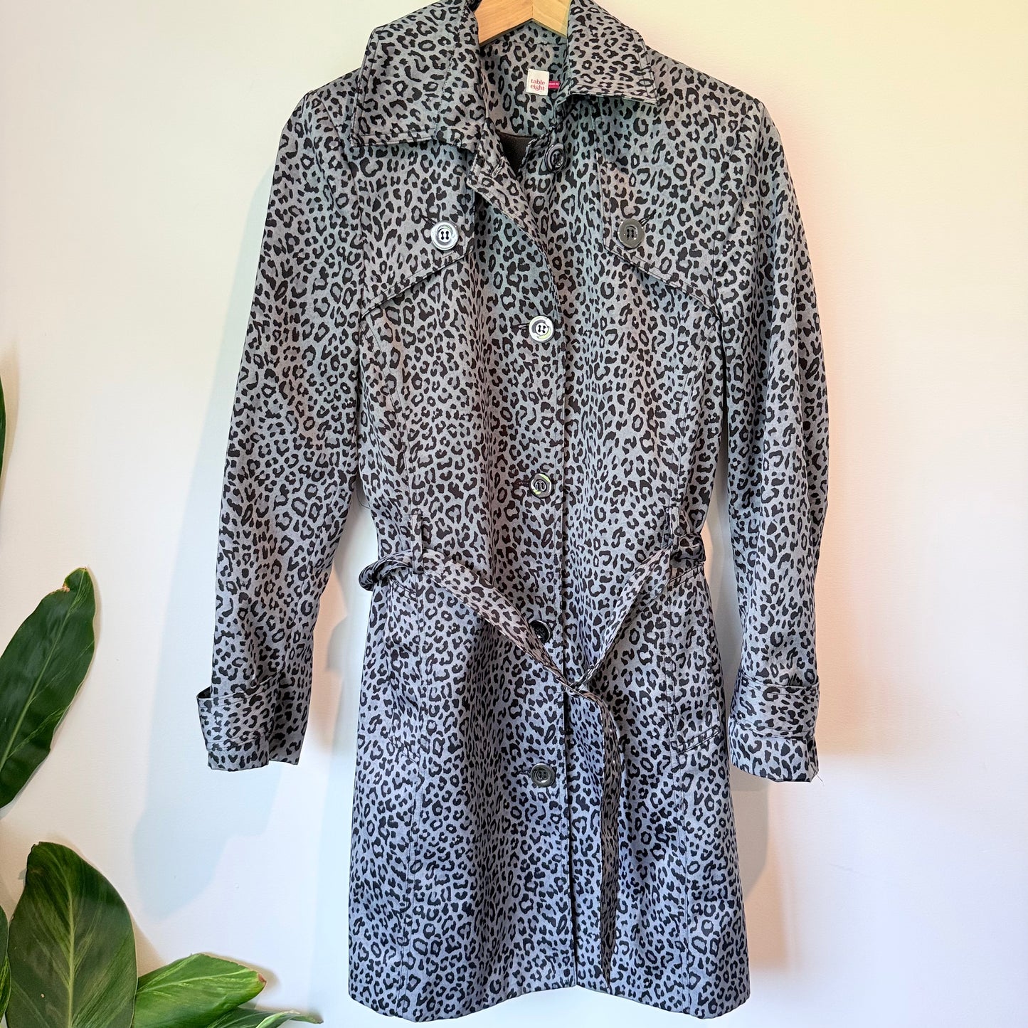 Table Eight Leopard Print Trench Coat Grey Black Belted Rain Jacket Size 14