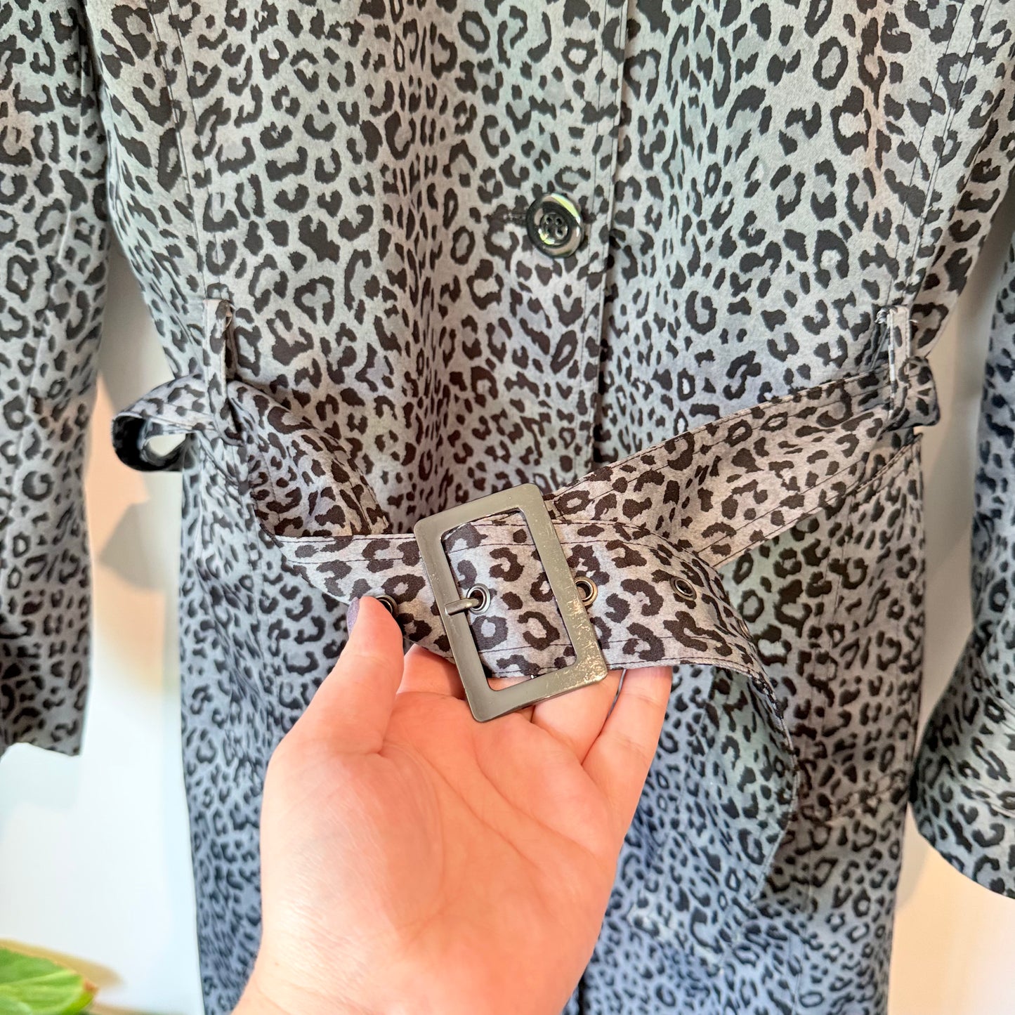 Table Eight Leopard Print Trench Coat Grey Black Belted Rain Jacket Size 14