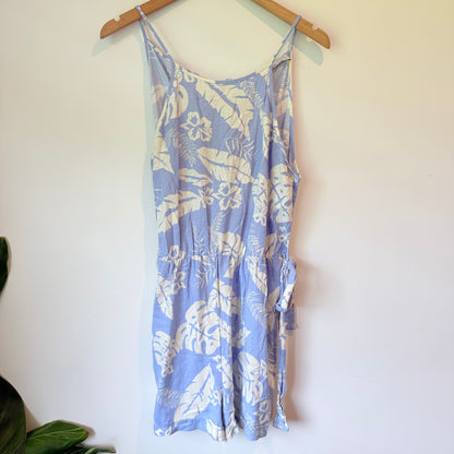 Real Woman Size XL Light Blue & White Floral Linen Blend Print Romper