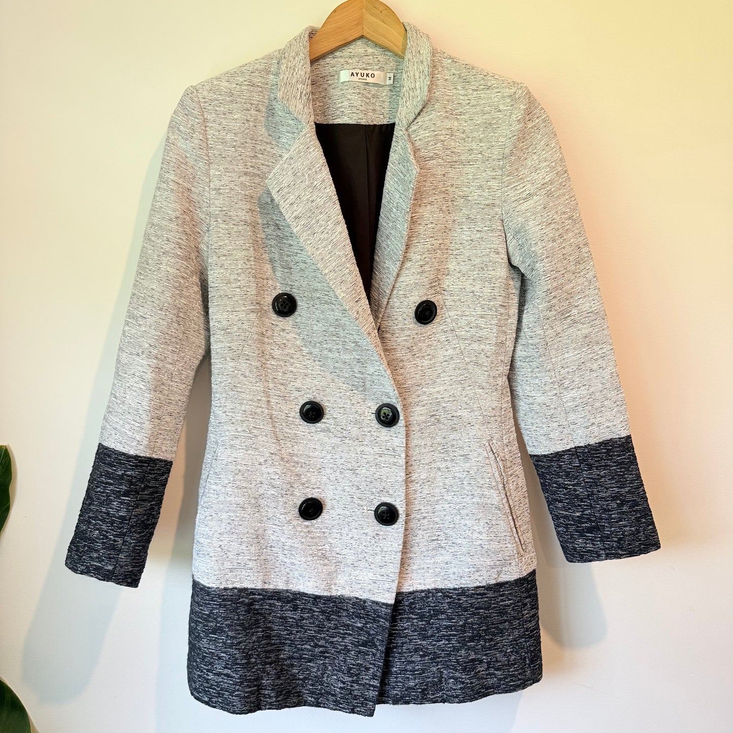 Ayuko Size M Grey & Black Color Block Double-Breasted Coat