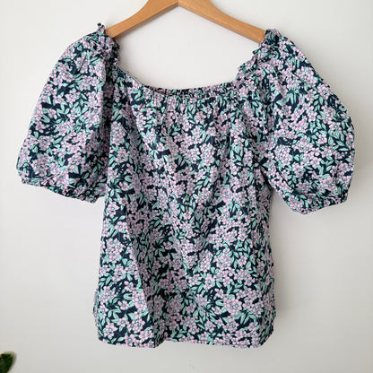 Size L Floral Print 100% Cotton Puff Sleeve Top